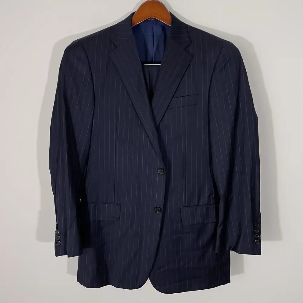 Hickey Freeman Midnight Navy Rope Stripe Suit 40R Pants 34 X 31